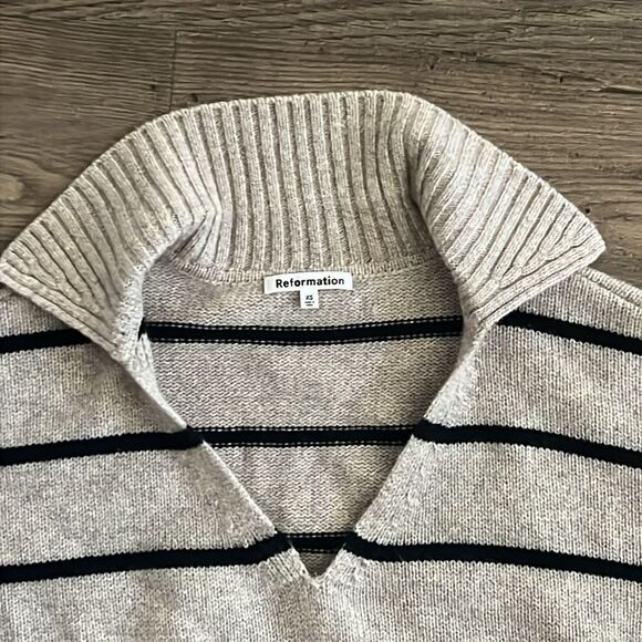 Reformation Cream and Black Striped V-Neck Sweater - Picture 6 of 7